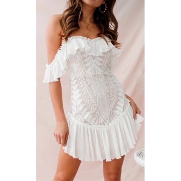 Saints + Secrets Ivory Sheer Overlay Lace Ruffled Off Shoulder‎ Dress Women's S - Picture 2 of 11